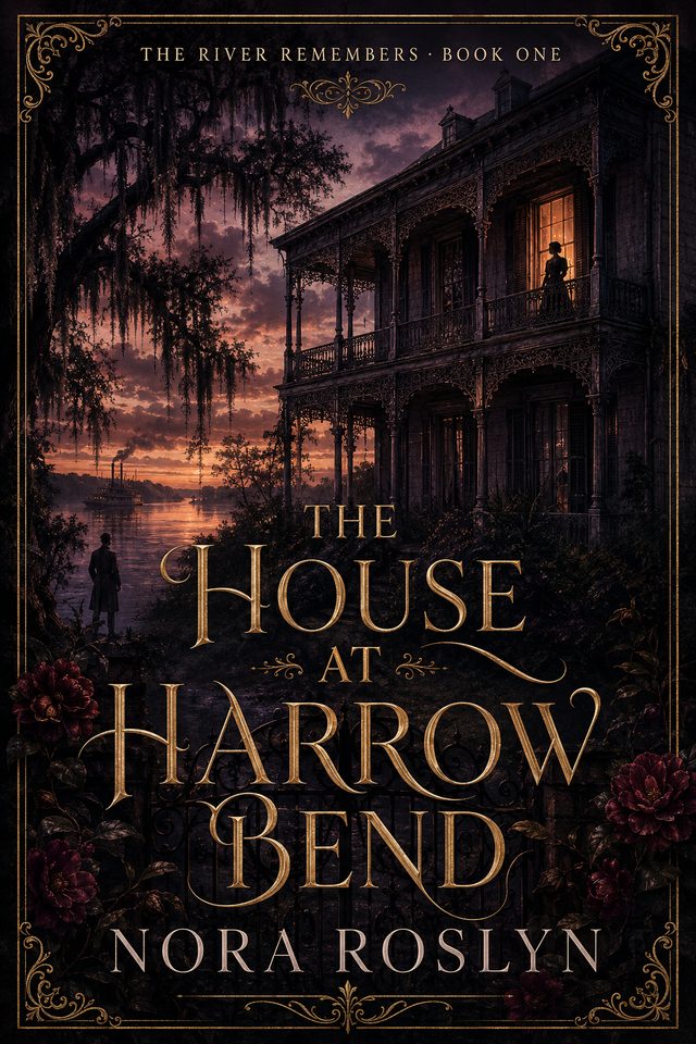 The House at Harrow Bend, The River Remembers Book One, by Nora Roslyn — a lamplit gallery house above a darkening river